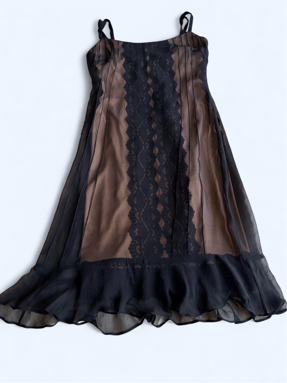 Deadstock BCBGMAXAZRIA Silk Black Lace Sheer Nude Layered Ruffle Slip Dress 8